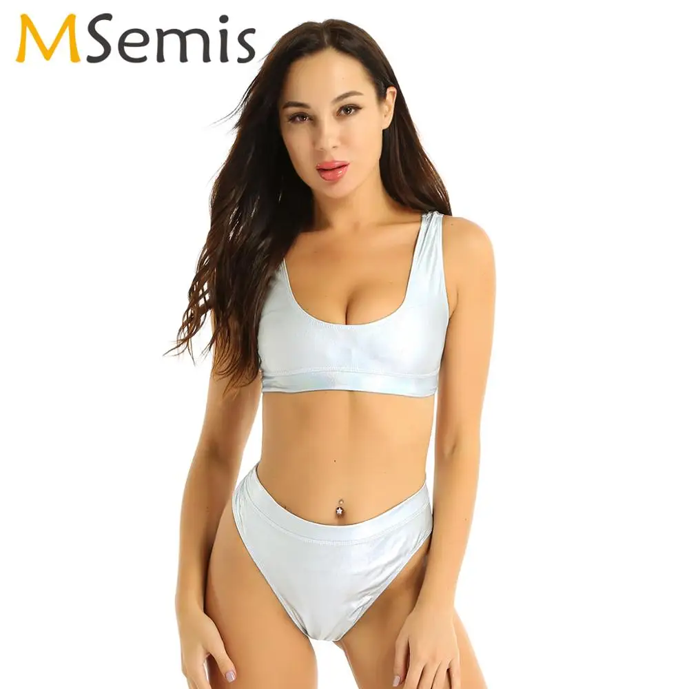 

Женское блестящее металлическое нижнее белье, комплект сексуального бикини, купальник, женский, мокрое, лакированные кожаные Трусы-стринги с высоким вырезом + короткие топы