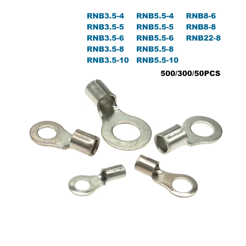 

500/300/50Pcs Ring Bare Cord End Crimp Terminals Electrical Naked Wire Cable Connector RNB3.5/5.5/8/22 Ferrules 4-25mm2 12-4AWG