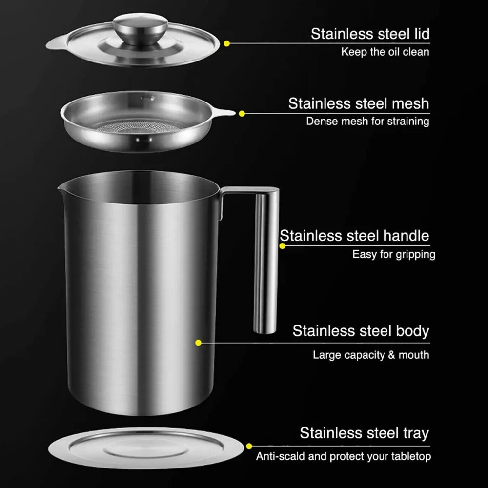 

2021 New Oil Stainless Steel Filter Screen Kitchen Oil Storage Filter Artifact Household With Lid Lard Residue Oil Storage Tank