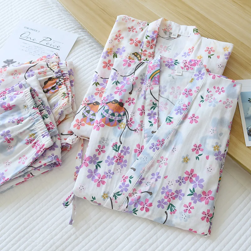 

2021 Japanese kimono suit new ladies pajamas two-piece spring and summer pure cotton gauze sweat steaming suit home service