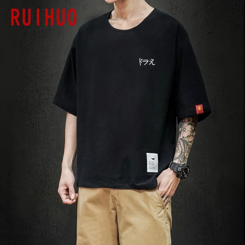 RUIHUO Japan Style Cotton T Shirt For Men Clothing Tee Japanese Streetwear Harajuku Hip Hop 5XL 2022 Summer | Мужская одежда