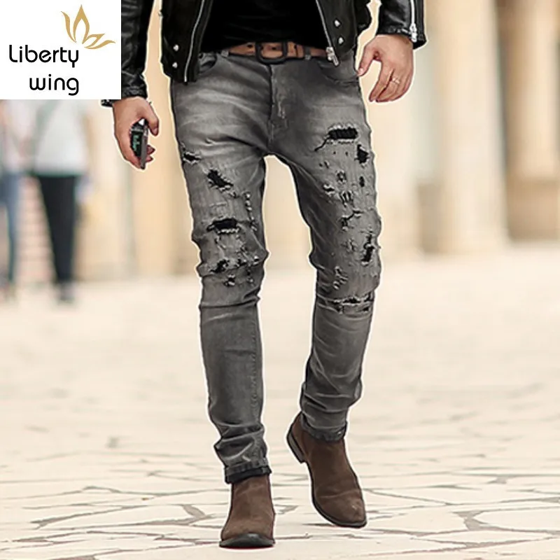 Модные мужские рваные обтягивающие джинсы облегающие длинные брюки потертые