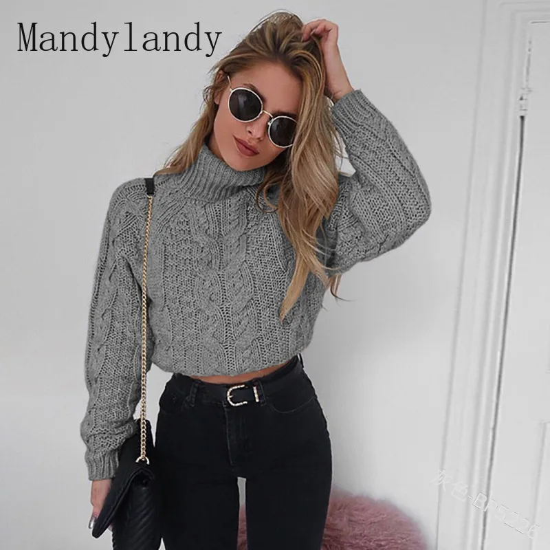 

Mandylandy Solid Color Sweater Women's Casual Loose Knitted Sweater Spring Autumn Long Sleeve Turtleneck Short Pullover Sweater
