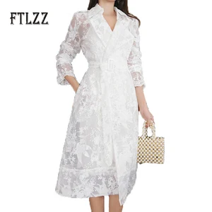 Женский тренчкот с поясом, белая кружевная винтажная ветровка с отложным воротником, весна-осень 2019