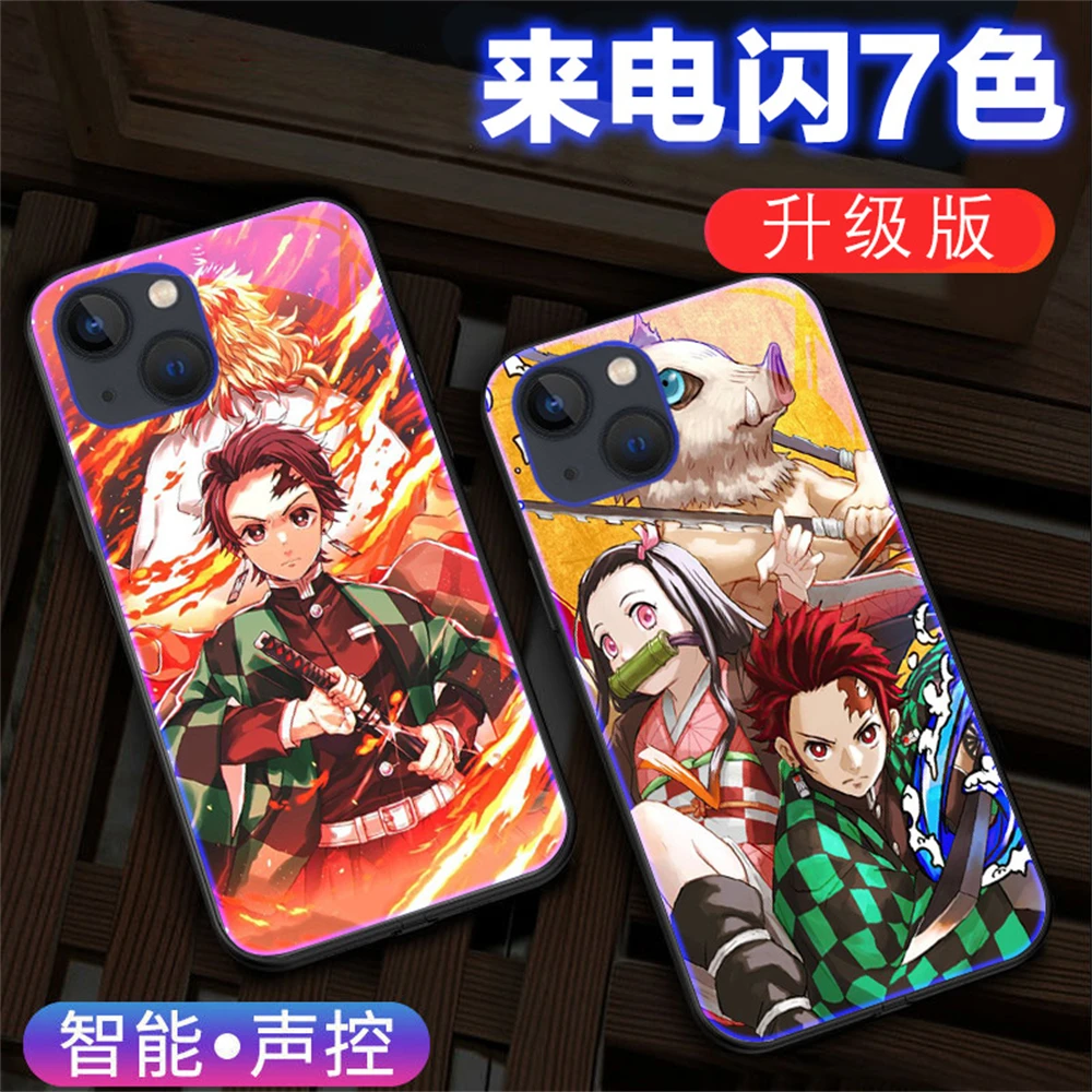 

2022 New Arrial Best Seller Japanese Anime Tempered Glass Phone Case With LED Light Up For iPhone 13 12 Pro Max 11 XS 8 7 6