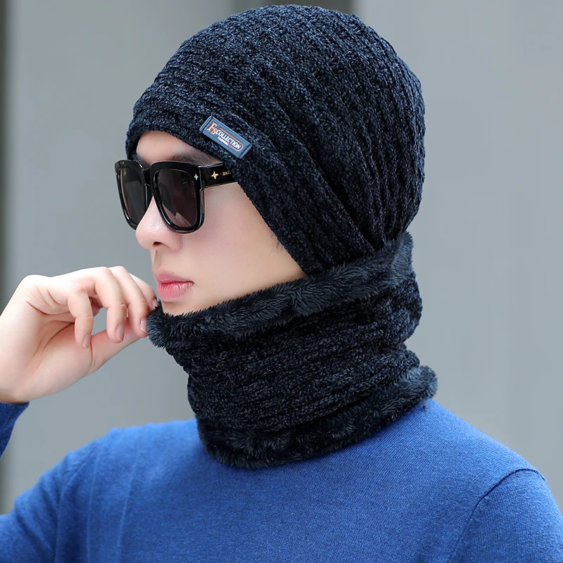 hat scarf set black Xthree синель зимняя шапка для мужчин шапочки Skullies шляпа вязаная шапка шарф с подкладкой мужские шапочки зимние шапочки - Цвет: hat scarf set black