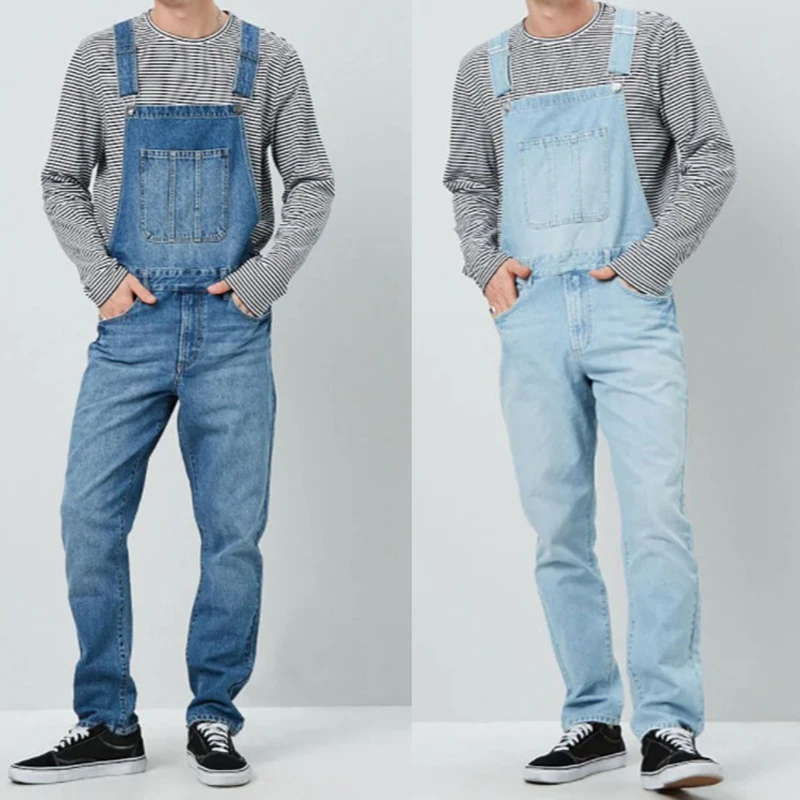 Mens Fashion Jeans Jumpsuit Casual Straight Sleeveless High Waist Denim Overalls Male Loose Suspender Cargo Pants Streetwear