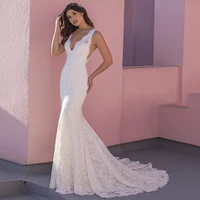 elegant sweep train sleeveless high quality lace mermaid wedding dress 2021 sexy v neck bridal gowns with button back