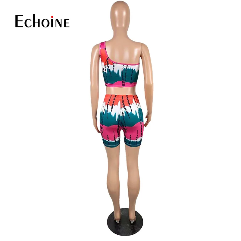 

Echoine Summer Women Print set Sleeveless One shoulder Crop Tops and Biker Short Two Piece Sets Casual Fashion Sexy Streetwear