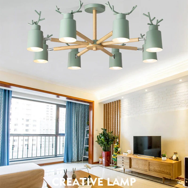 

Nordic log living room bedroom chandelier E27 led metal lampshade creative personality kitchen&restaurant warm antler chandelier