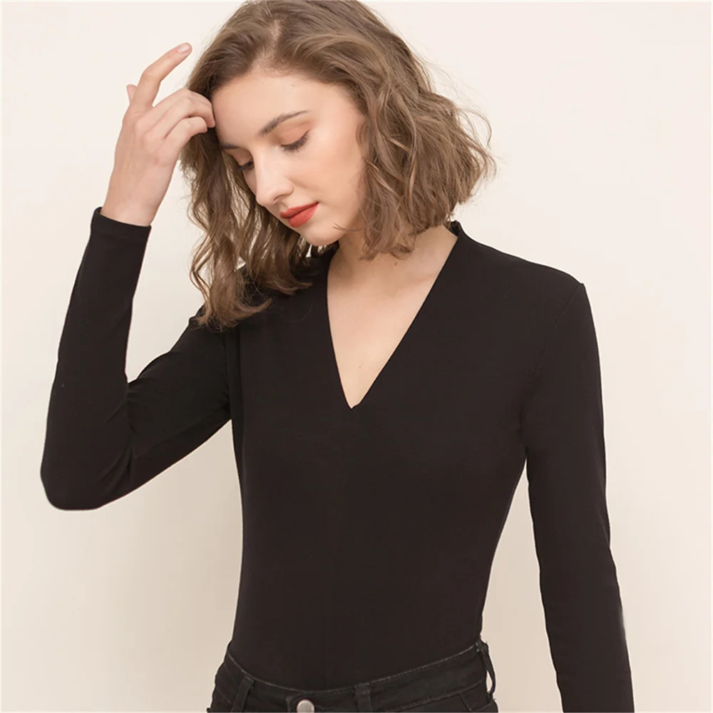

Basic Women Pullover Solid Color V-Neck Long Sleeve Base Shirt Tops Autumn Winter Bottomed Thermal Shirt T-Shirt Black Khaki