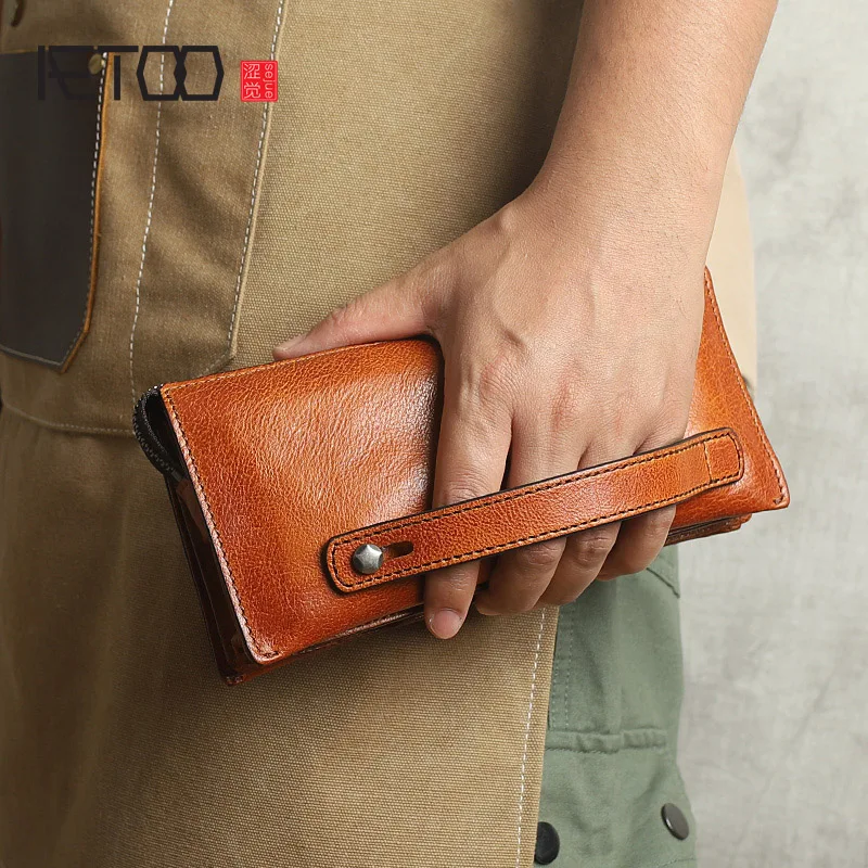 AETOO Vintage leather handmade long wallet, first layer leather mobile phone bag, large-capacity multi-card wallet