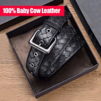 mens belt 100 baby cow leather woven luxury brand business classic fashion simple high end alloy buckle 2021 new gift box spot