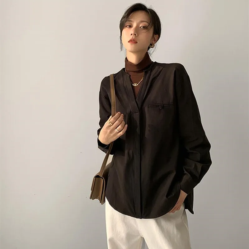 

HziriP 2021 New Spring Autumn OL Elegant Minimalist Fake Two-piece Turtleneck Shirt Women Blouses Work Wear Solid Loose Tops
