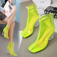 2021 european and american fluorescent color crystal thick heel transparent tape color matching high heel womens sandal boots