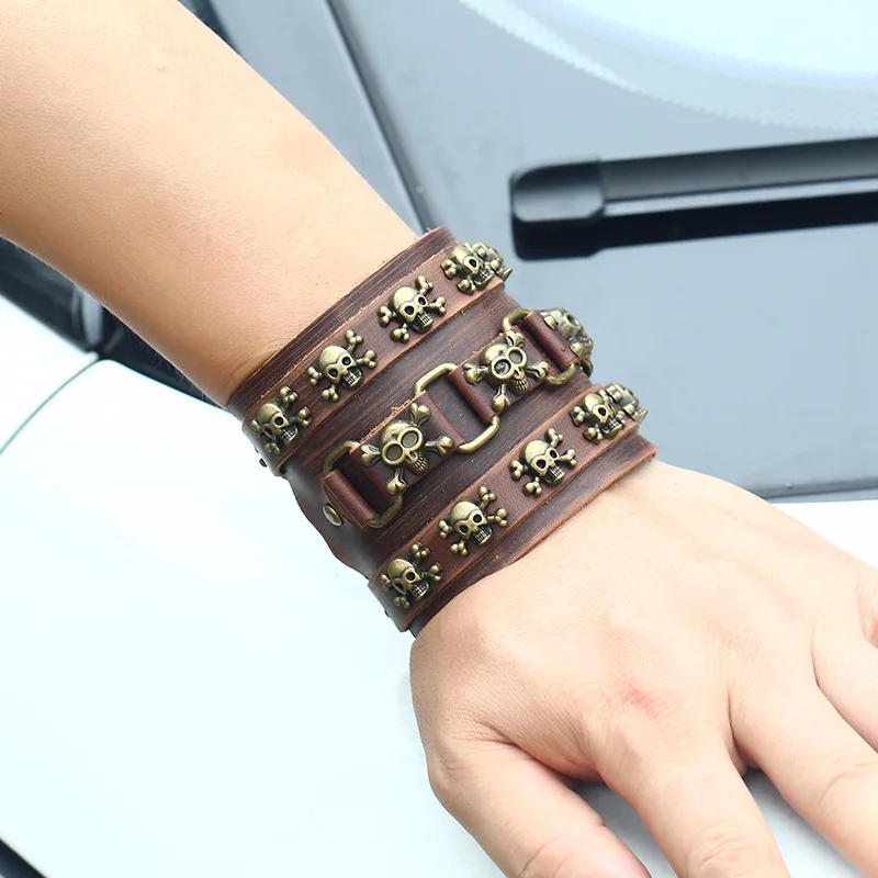 7cm Wide Genuine Leather Wrap Bracelet Punk Rock Skull Head Cuff Bangles 2020 Fashion Jewelry For Men | Украшения и аксессуары