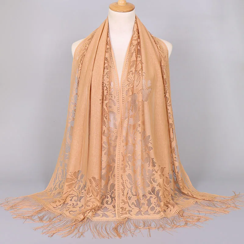 

Voile Muslim Scarf Pure Color Breathable Lace Tassel Scarf Hollow Out Long Shawls Summer Sunscreen Scarves Women Headscarf