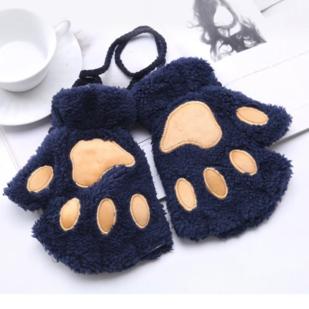 

Women Half-Finger Cat Paw Plush Gloves Plus Velvet Thickening Half-finger Flip Keep Warm Breathable Soft Gloves Outdoor Hiking