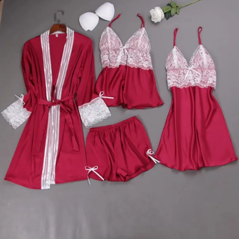 Summer New 4 Pcs Set Women Pyjama Satin High Quality Lace Sexy Sleepwear With Chest Pad Pajamas | Женская одежда
