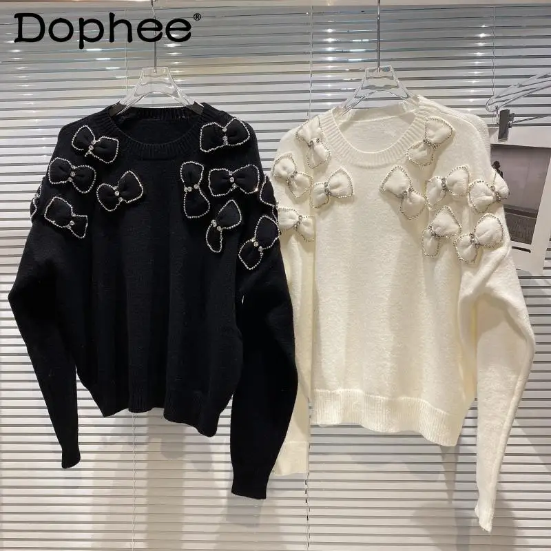 

Стразы украшенный бантом вязаный свитер для женщин с длинным рукавом Свободный Повседневный пуловер Топ 2021 осень зима вязаный джемпер паль...