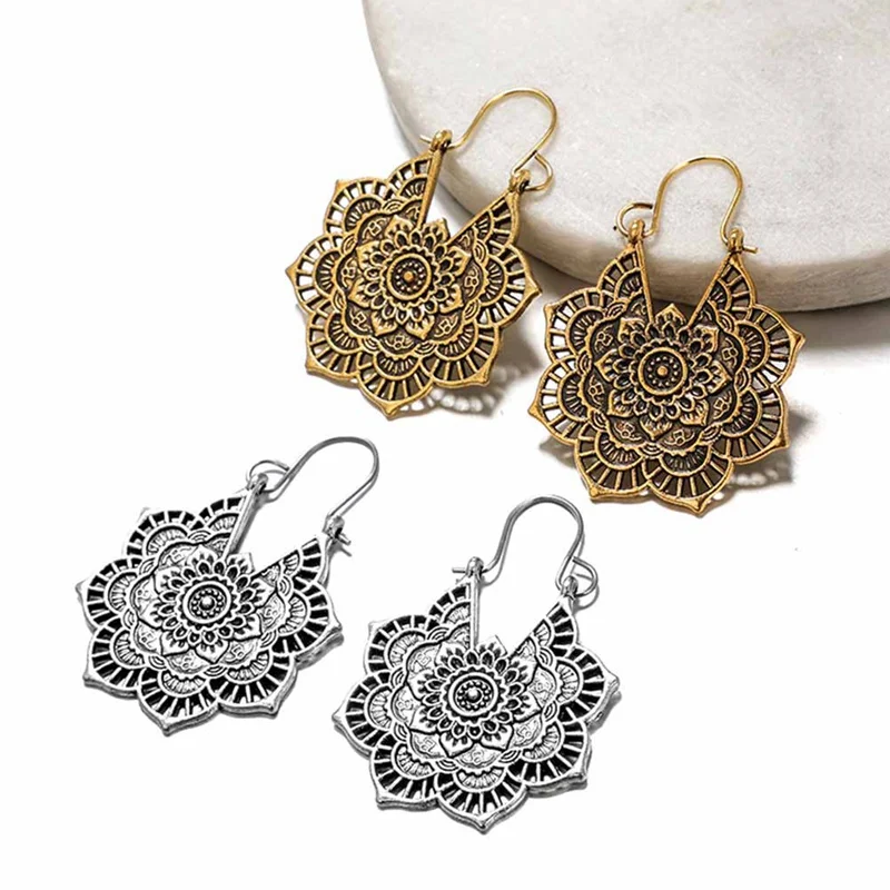 Висячие серьги Vinatge в виде цветка мандалы для женщин и девушек этнические полые