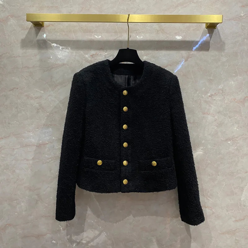 

Женская твидовая куртка на пуговицах, черная приталенная куртка с круглым вырезом и длинным рукавом, пальто с золотыми пуговицами, зима 2021