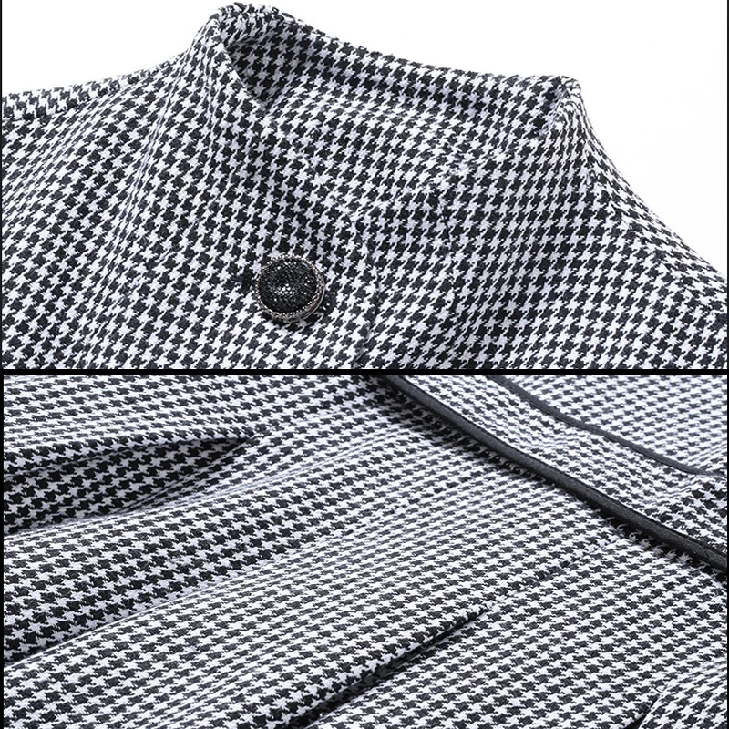 

Winter Buttons Vintage Houndstooth Dresses Long-sleeved Bow Retro Dresses Autumn Women Irregular Offce Casual Dresses