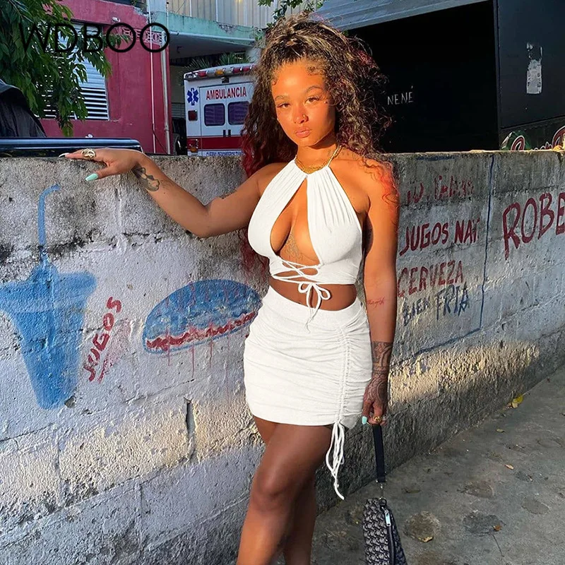 

WDBOO Hollow Out Lace Up Halter Camis Top+ Stacked Bandage Skirt 2 Piece Outfits for Women Solid Backless Dress Two Piece Sets