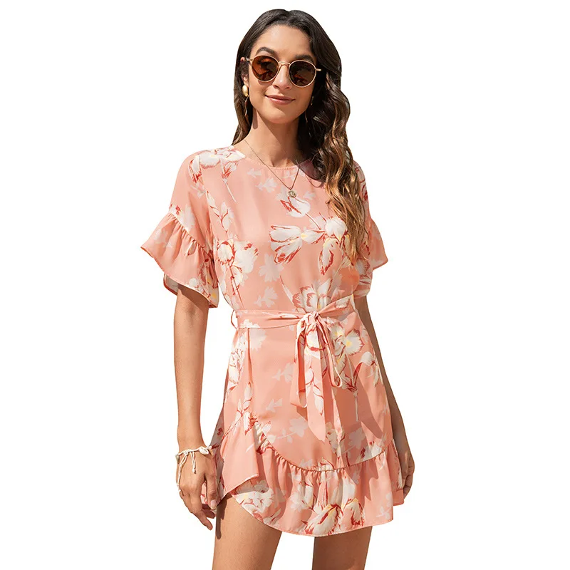 

Women Dresses Summer 2021 Sexy O Neck Floral Print Boho Beach Dress Ruffle Short Sleeve A Line Mini Dress Wrap Sundress Floral