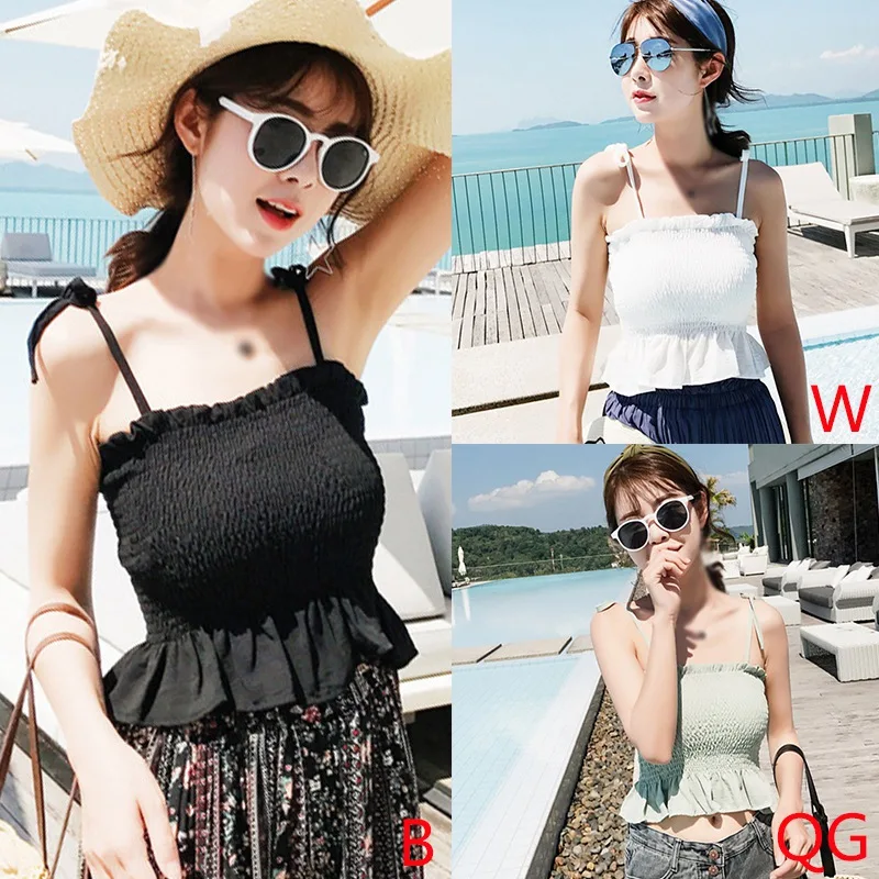 

Summer Women's Sexy Chiffon Sling Slim Tank Crop Top Sleeveless Vest Off Shoulder Camisole Strap Ruched Clothes