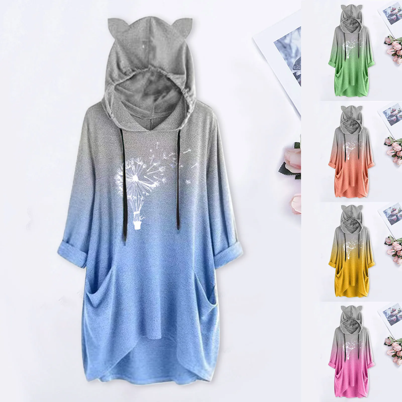 

Женский Свободный Длинный пуловер с капюшоном и карманами