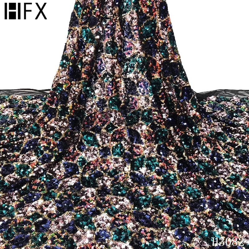 

HFX latest sequin african lace fabric multi color nigeria wedding party lace 2020 french tulle net lace fabric for women X3082