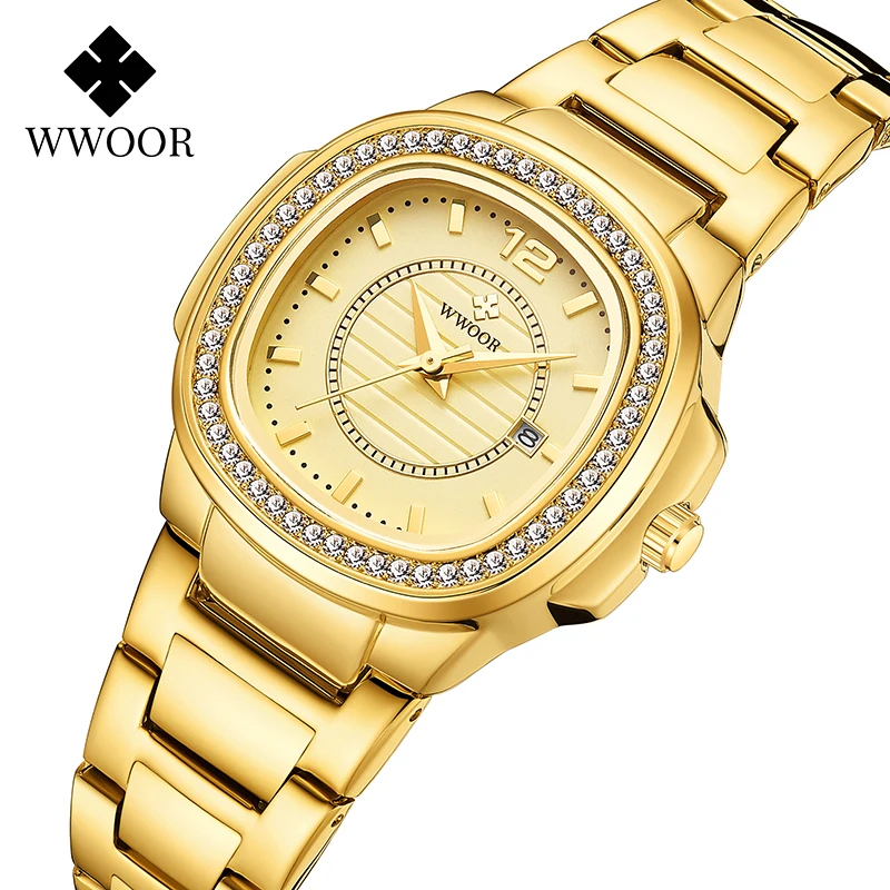

WWOOR Top Brand Fashion Rectangle Women Watch 2022 Luxury Diamond Quartz Watch Gift Date Clock Gold Watch For Women Reloj Hombre