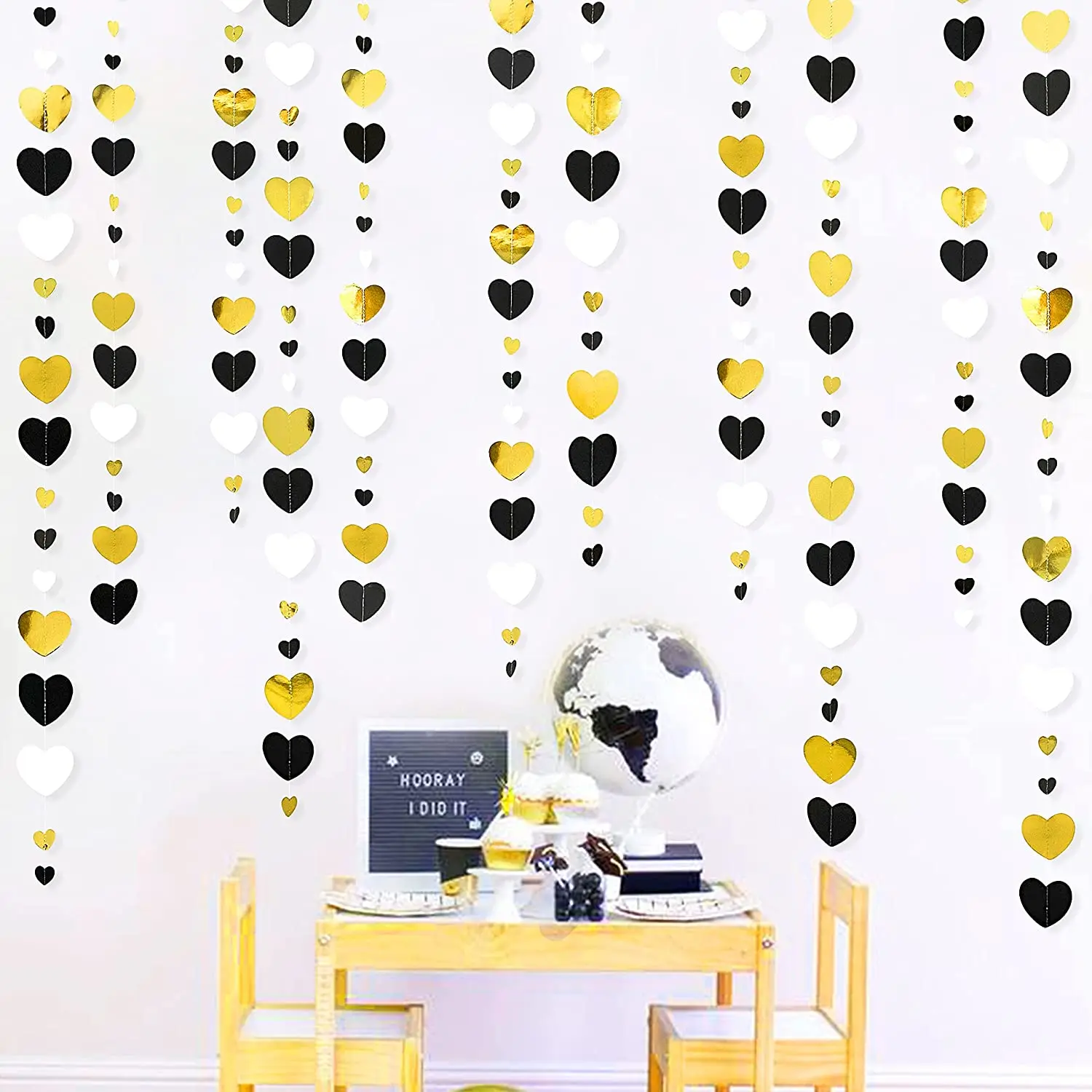 

13ft Black Gold White Paper Love Heart Garlands Hanging Streamer Banner for Anniversary Engagement Birthday New Year Decorations