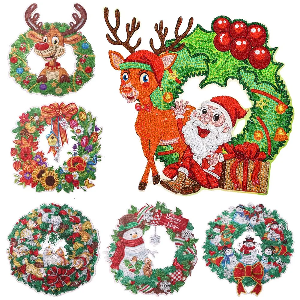 

2021 New 5D DIY Diamond Painting Christmas Wreath Garland Flower Santa Claus Snowman Embroidery Mosaic Christmas Door Decoration