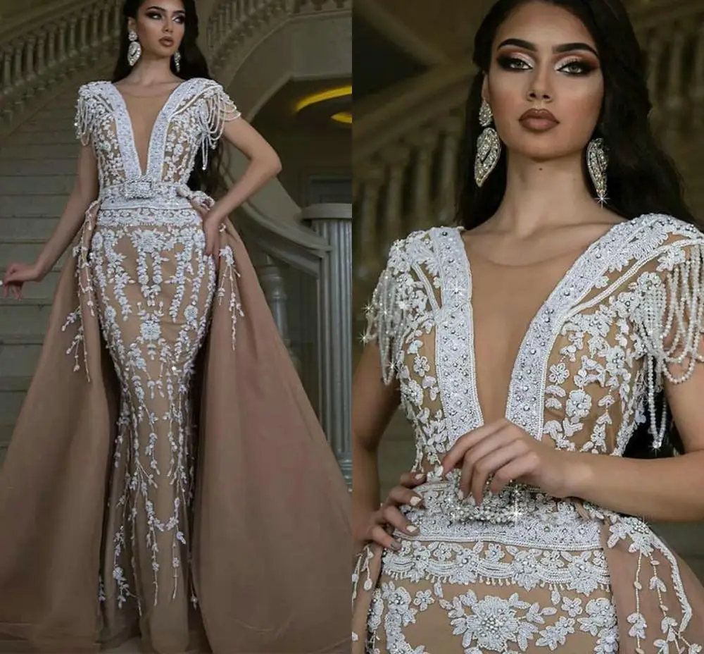 

Champagne Mermaid Evening Pageant Dresses with Detachable Train 2021 Luxury Beaded Crystal Beaded Arabic Prom Occasion Gowns