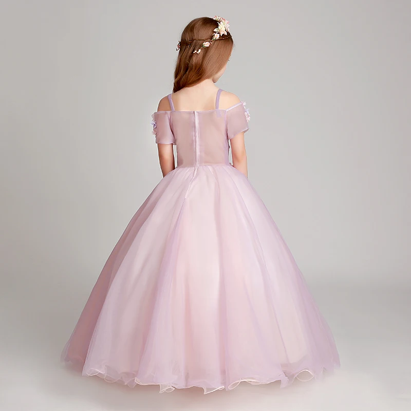 

High Quality Children Girls Luxury Appliques Flowers Shouderless Purple Birthday Wedding Party Prom Long Dress Kids Piano Dress