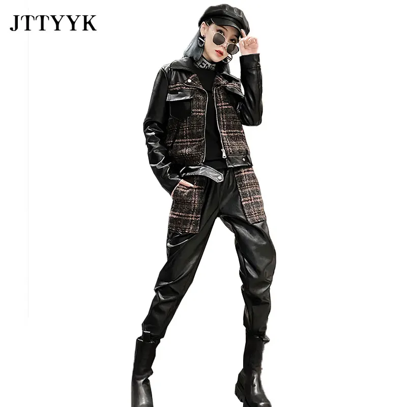 

Европейский осенний комплект из 2 предметов 2022, женская новая кожаная локомотивная кожаная куртка и брюки-карандаш, Модный женский костюм и...