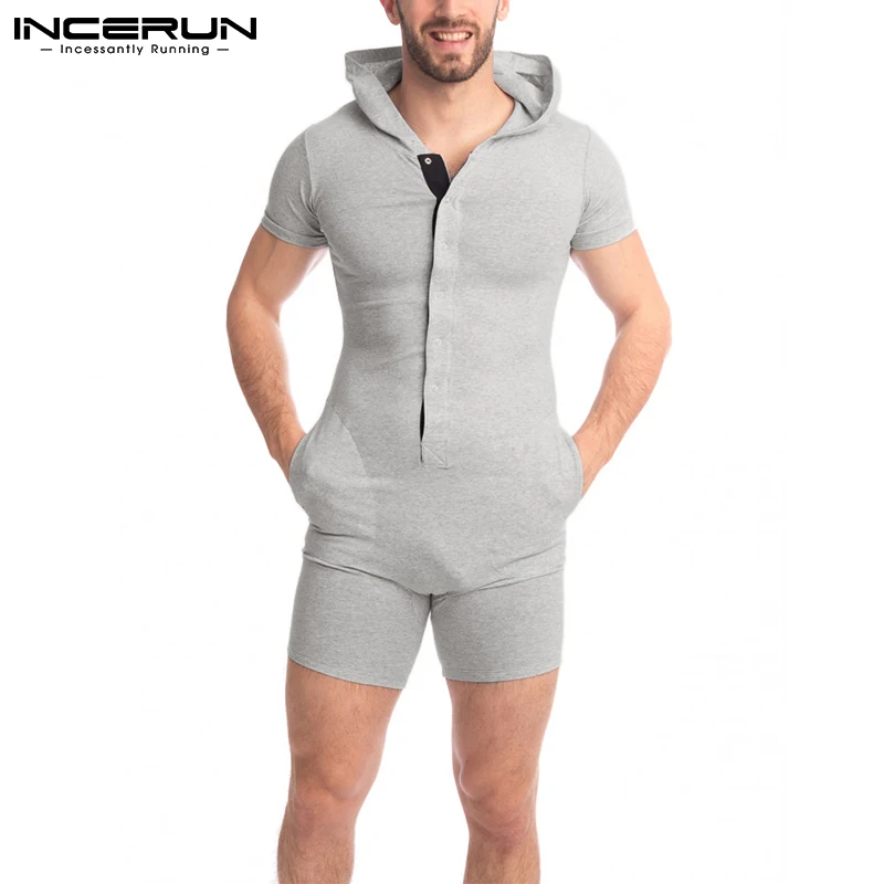 

Stylish Splicing Homewear Men Loose Comeforable Onesies Knitted Hooded Colorblock Male Short Sleeve Bodysuits S-5XL INCERUN 2021