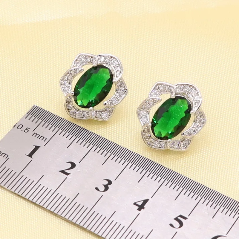 Женский комплект свадебных украшений серебряное зеленое ожерелье серьги кольца