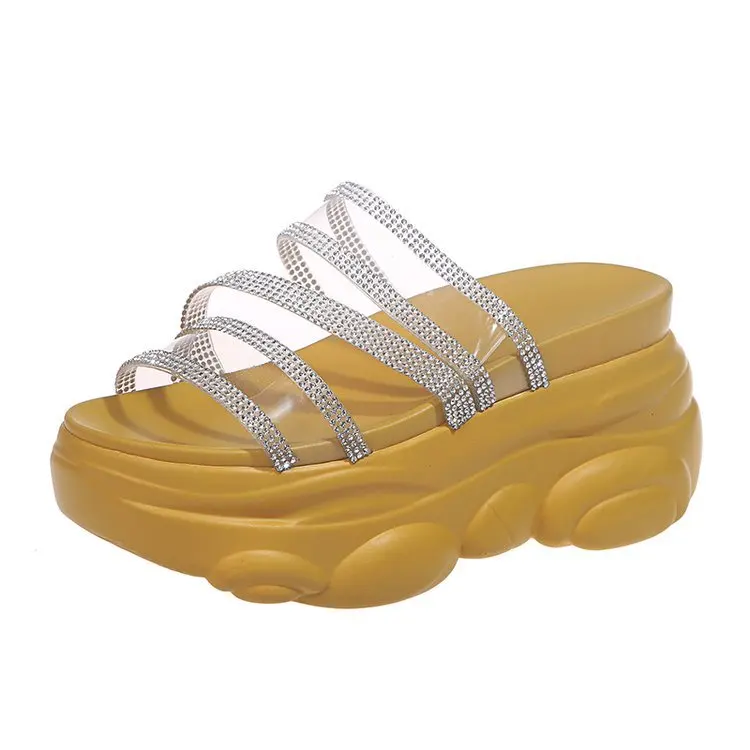 

Female Shoes Ladies' Slippers Platform Med Luxury Slides Summer Clogs Woman 2021 Designer Beach PU Fabric Rubber Hoof Heels