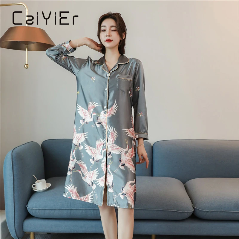 CAIYIER Sexy Silk Night Dress Winter Women Long Sleeve Sleepwear Flower Print Lingerie Sleepshirt Large Size Home Dress M-3XL