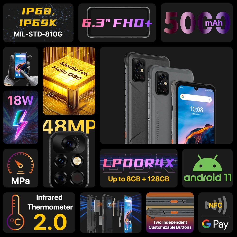 UMIDIGI-tel&eacute;fono inteligente BISON Pro versi&oacute;n Global, m&oacute;vil resistente, 128GB, IP68, Helio G80, NFC, c&aacute;mara Triple de 48MP, 6,3 pulgadas, FHD, 5000mAh-1