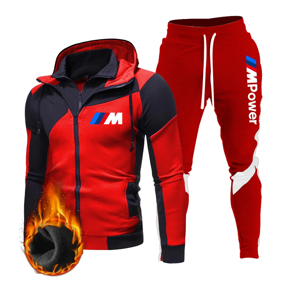 

2021 new men's sportswear suit personalized color matching double zipper suit hooded cardigan slim sportswear sweater suit