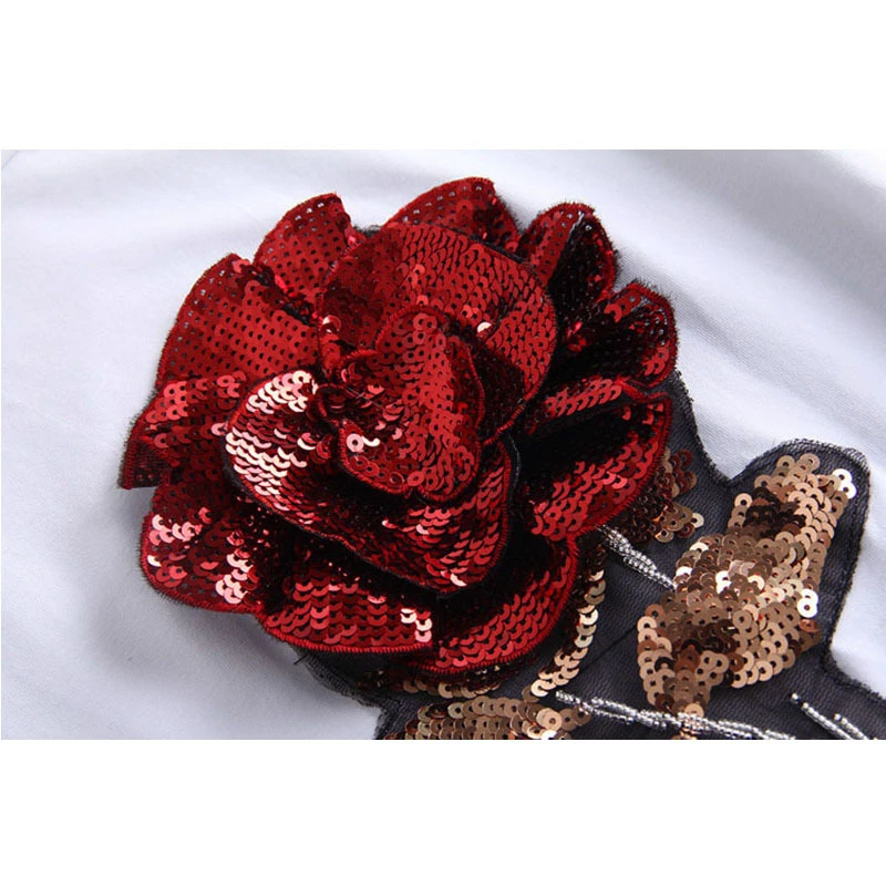 

2018 New Noble Elegant Rose Sequins T-shirt Woman Cotton Plus Size Summer Tops Female High Quality Short Sleeve O-Neck Tee LY319