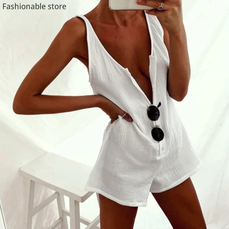 

Fashion Solid Color Vest-style Playsuits Women Sexy Loose Buttons Pockets White Rompers