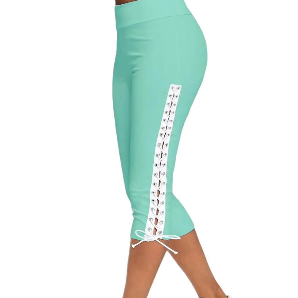 

Women Pants Leggings 3/4 Length Sexy Strap Fitness Short Yoga Pants Slim Breathable Pencil Pants Bow Rivets Design Daily Bike