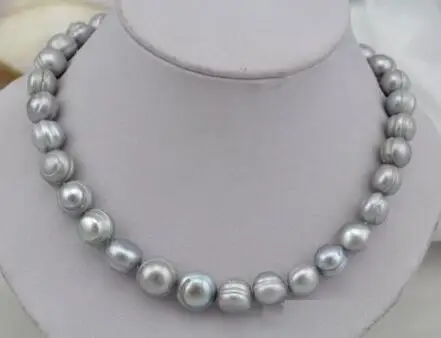 

HOT SELL AAA 10-11mm natural SouthSea gray pearl necklace gold 17.5 inch 925s