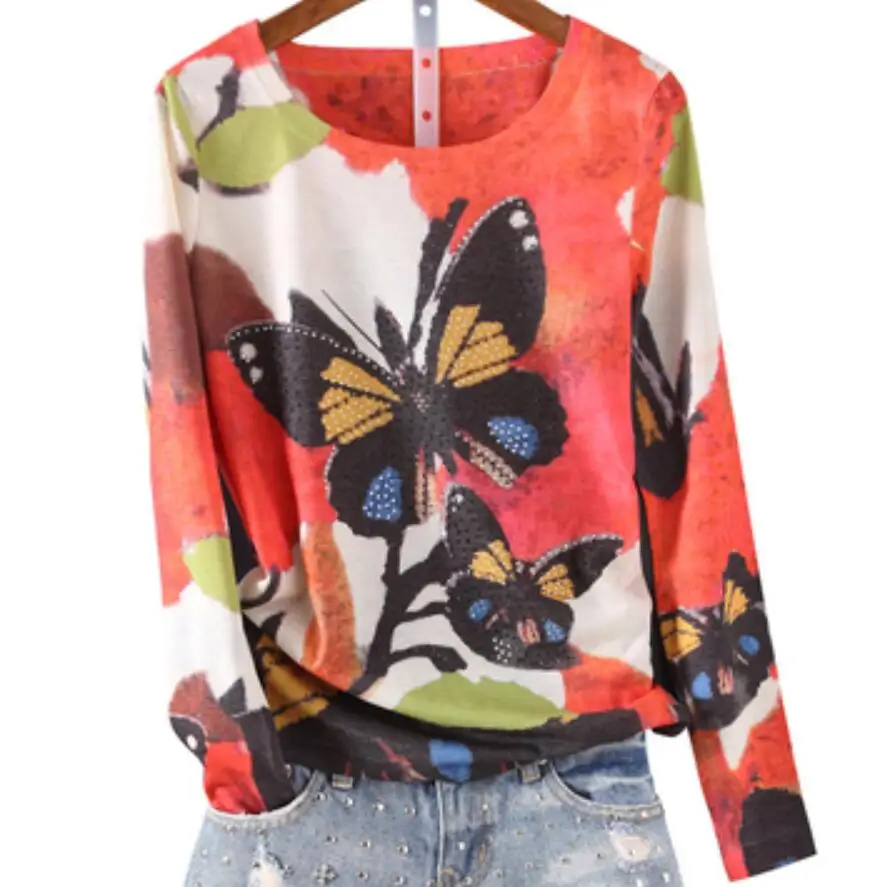 Женская хлопковая Футболка с принтом стразы круглым вырезом и длинным