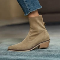 2021 autumn and winter new leather thick heel chelsea boots high heel pointed toe side zipper design handmade womens boots